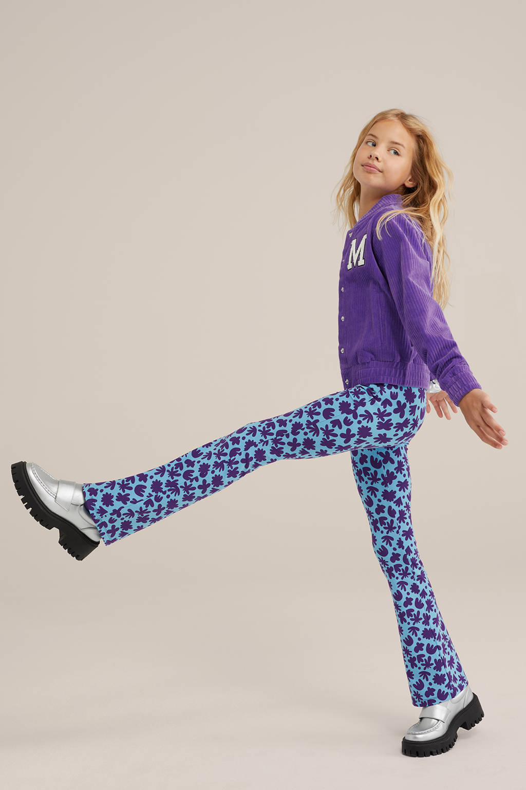 WE Fashion broek met all over print lichtblauw/paars