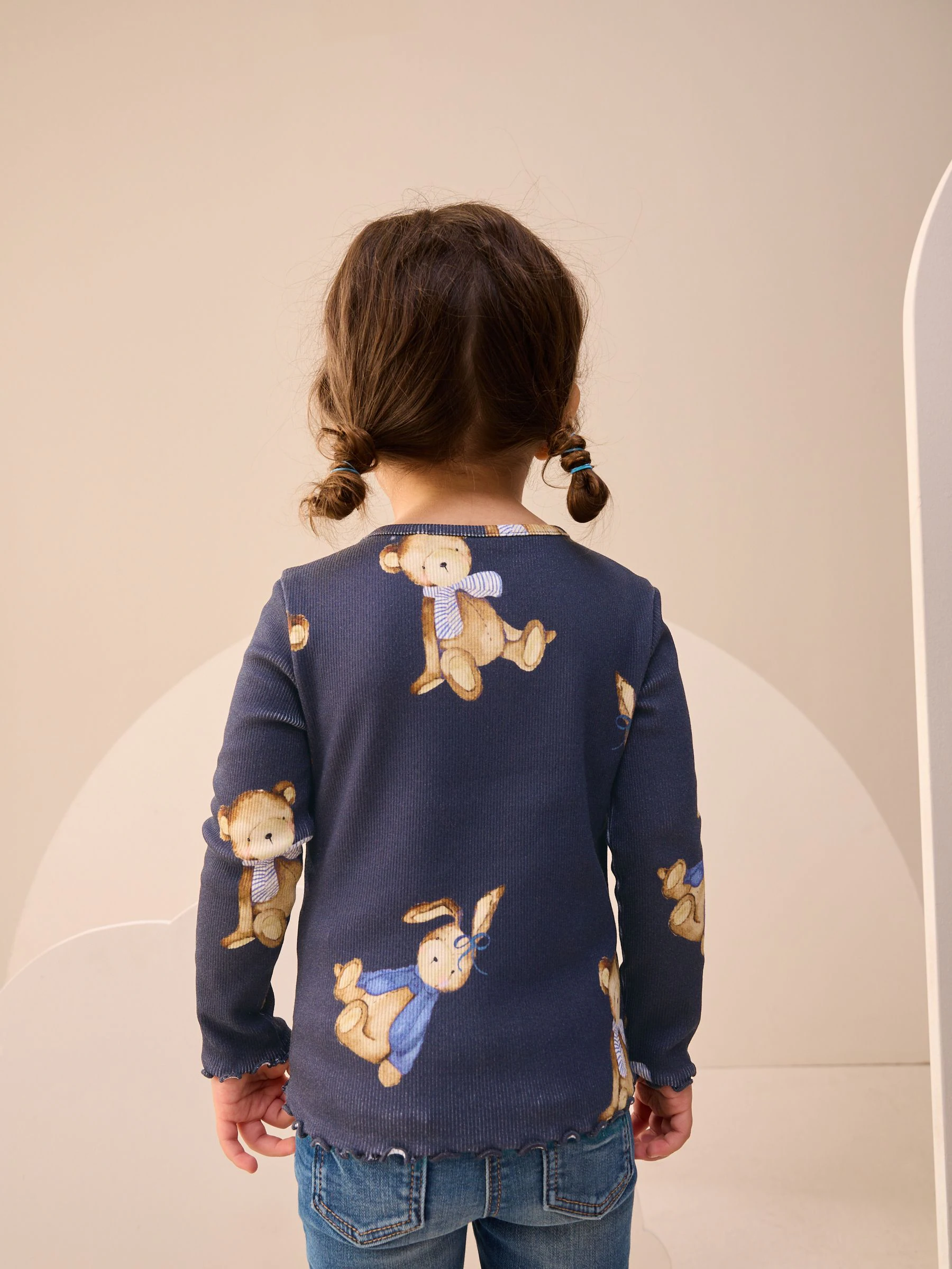 Marineblauw met berenprint - Geribbeld T-shirt met lange mouwen (3mnd-7jr)