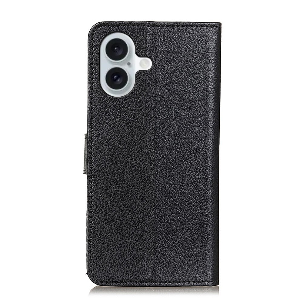 iPhone 16 Leder Tasche Flip Cover Litchi Look - Schwarz