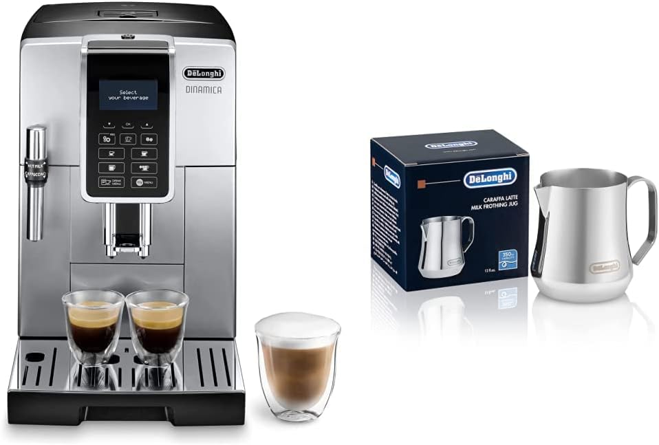 De'Longhi Dinamica, Machine expresso avec broyeur, ECAM 350.35 SB, 2L,Argent et Noir & DLSC060 Pichet à lait 350ml, Acier Inoxydable