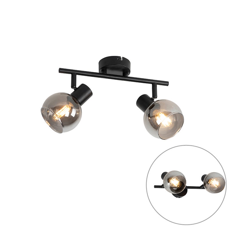Art Deco plafondlamp, zwart met gerookt glas, 2-lichts - Vidro