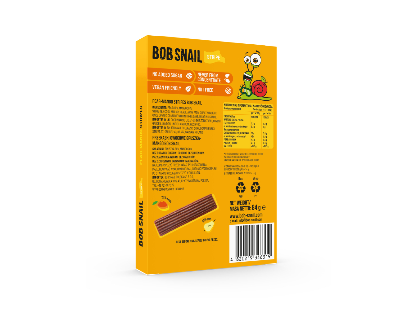 TIRAS DE FRUTA BOB SNAIL PERA E MANGA 84 G