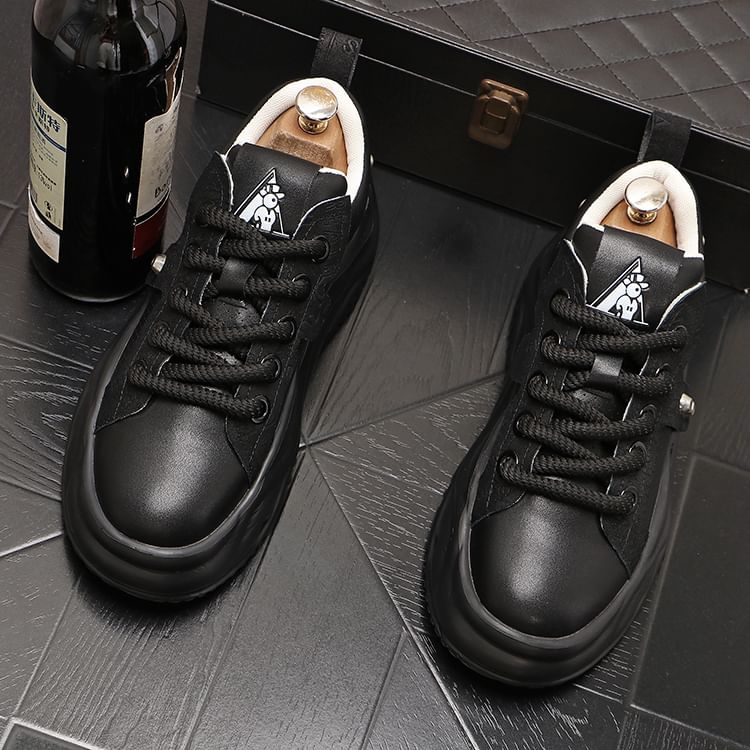 Mr Ozera - Platform Plain Studded Faux Leather Lace-Up Sneakers