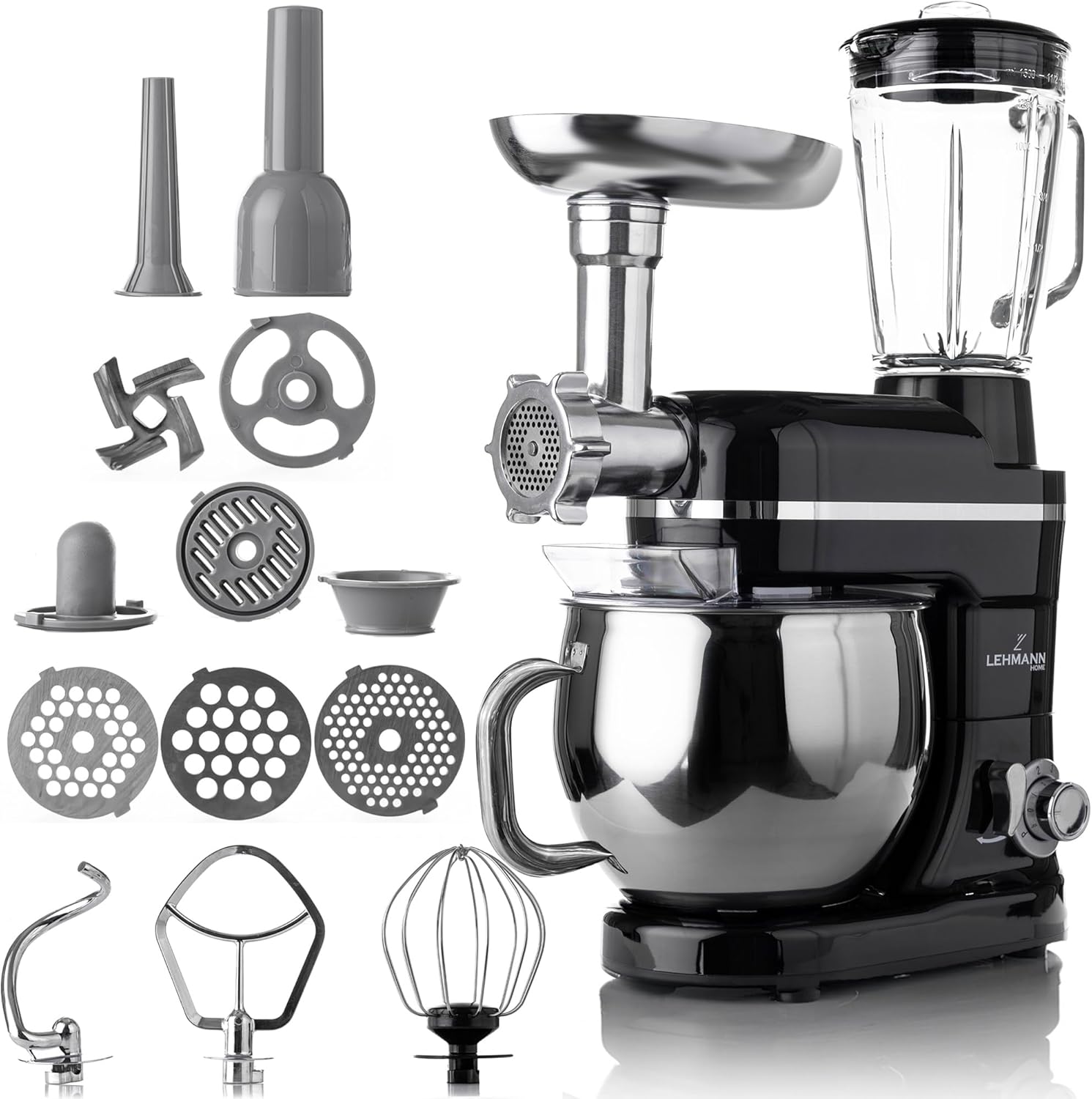 LEHMANN 3 in 1 Multifunktions Küchenmaschine mit Fleischwolf und 1.5L Standmixer, Knetmaschine mit 5L Edelstahlschüssel, 6 Geschwindigkeiten und Pulse, Rührmaschine mit großem Zubehör-Set