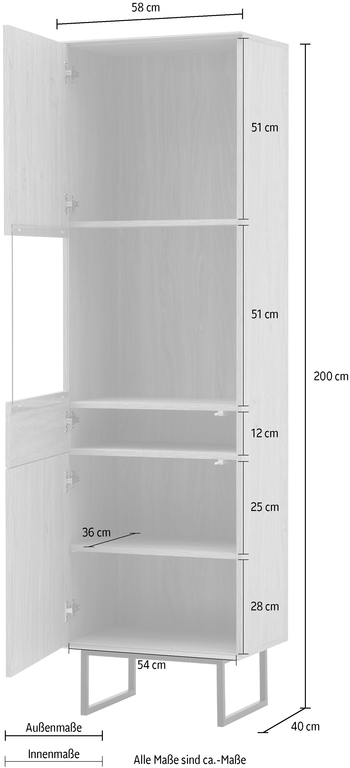 Home affaire Vitrine »Lund, moderner Hochschrank, Glasvitrine mit Kufengestell aus Metall« optisch dünner Oberboden, hochwertige Optik, ausreichend Stauraum