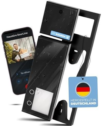 DOORLINE® Video deurbel met camera, draadloos, compatibel met Fritz!Box + app-bediening, zwart, Made in Germany, intercom met deuropener, draadloze videodeurbel