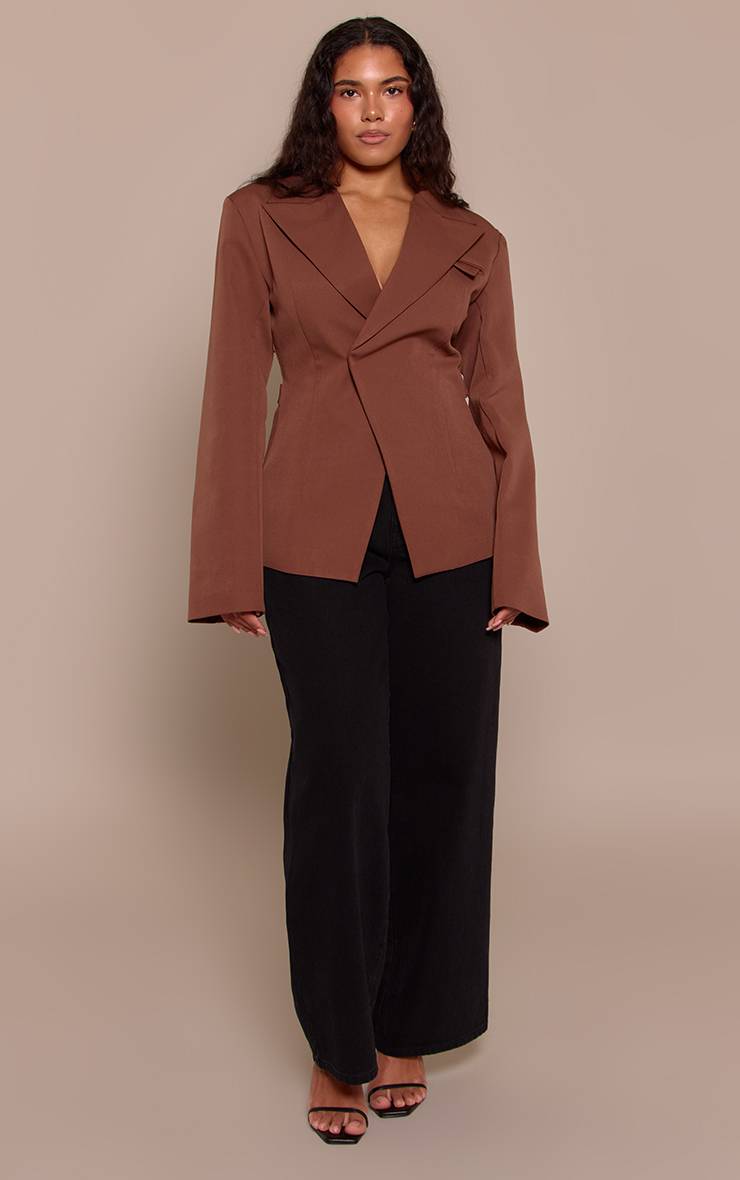 Chocolat Blazer Ajusté Asymétrique Croisé Avec Taille Ajustable Shape