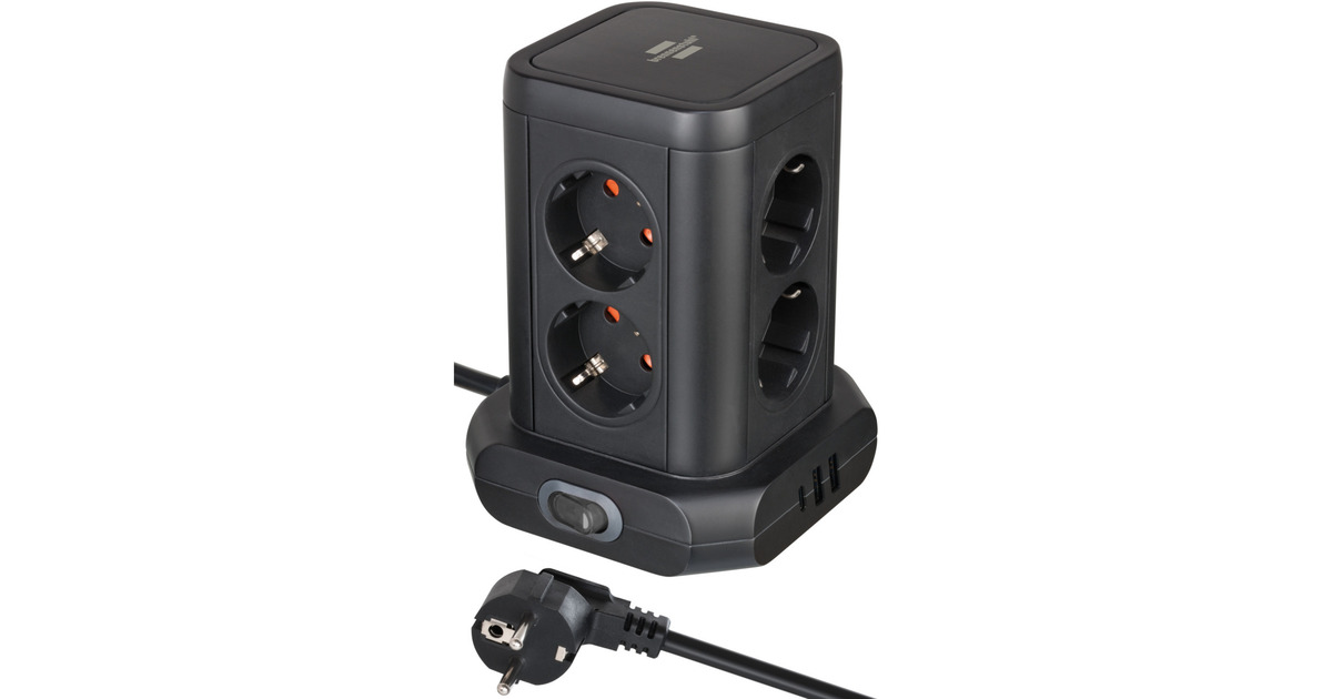 BrennenstuhlStekkerdoos toren met 8 stekkerdozen in 45° opstelling stekkerdoos  (Zwart, 2x USB A, 1x USB C Power Delivery)