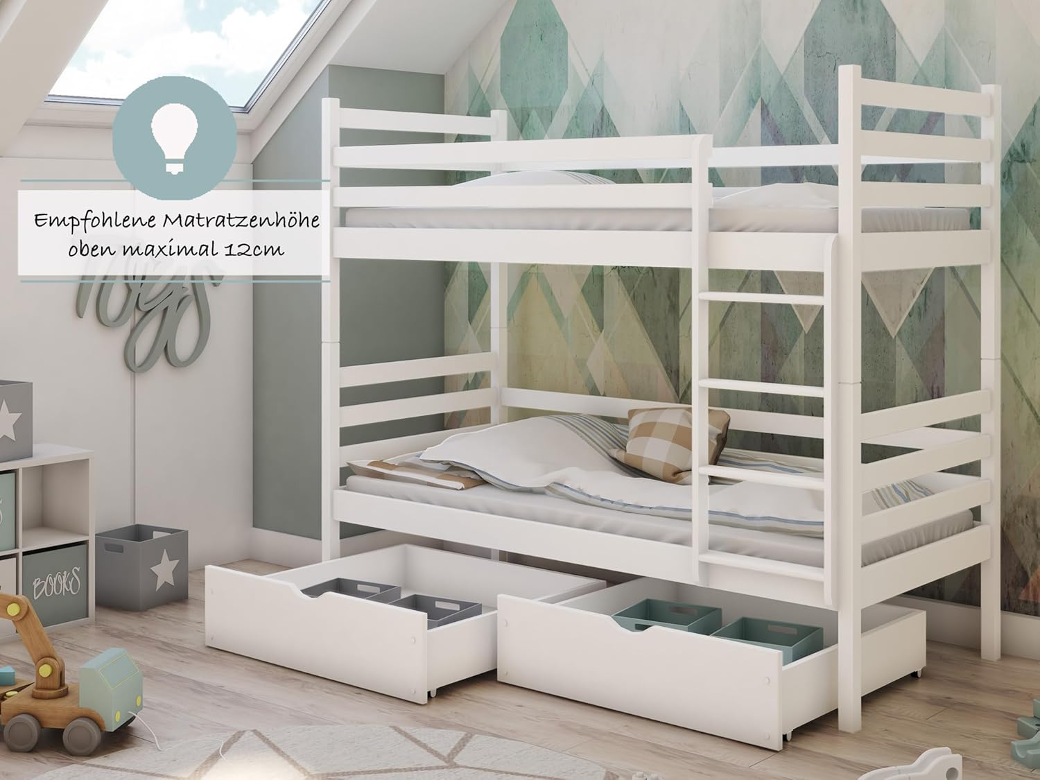 Hochbett 90x200 cm mit 2 Matratzen und 2 Schubladen Etagenbett mit Rausfallschutz und Lattenrost, umbaubar in Zwei Kinderbetten, aus Vollholz massiv in weiß, Funktionsbett Kinderbett