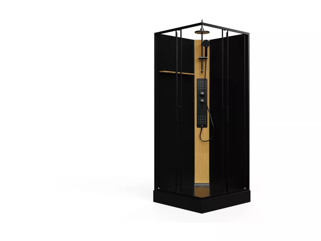 Cabine de douche hydromassante carrée avec panneau en bambou - Noir - L90 x l90 x H225 cm - DESULO