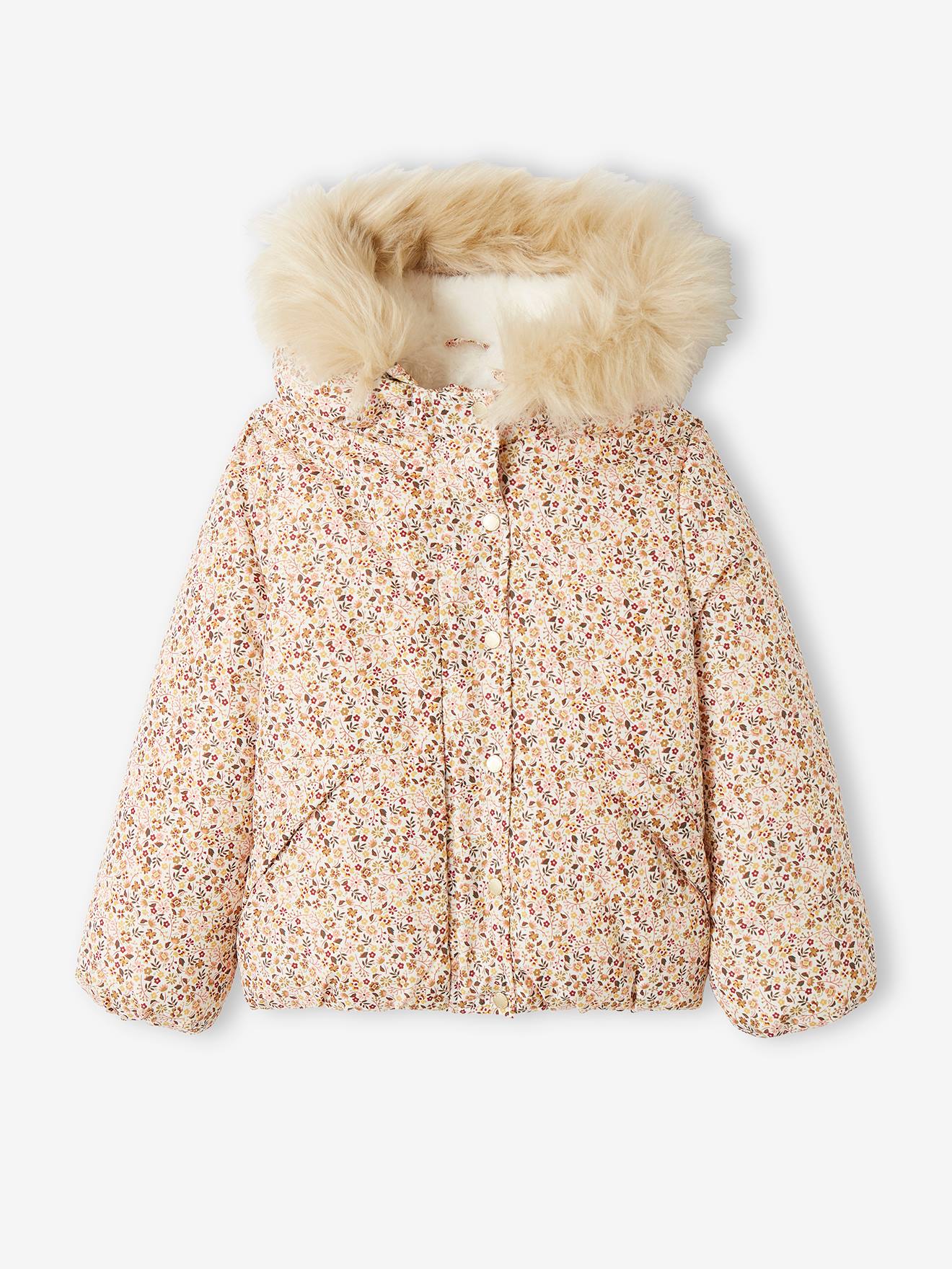 Jaqueta curta acolchoada com capuz estampado floral, tamanho médio infantil, estampa roxa.
