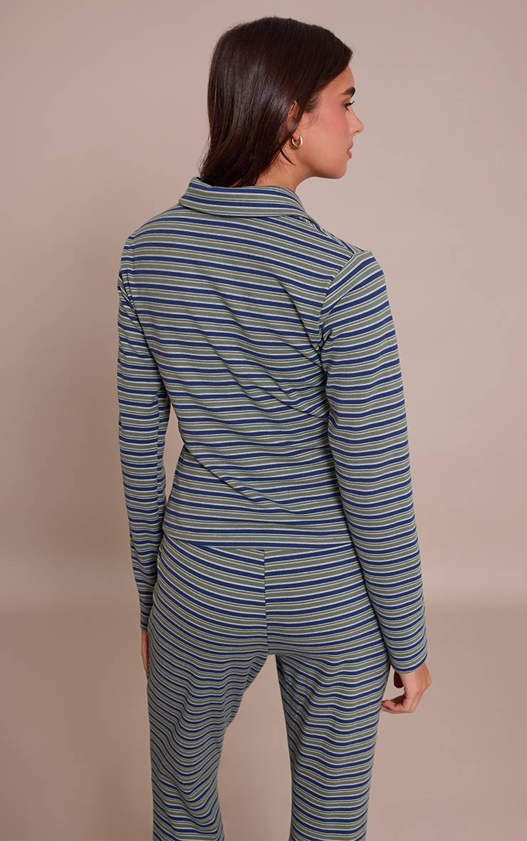 Vert Haut À Manches Longues En Molleton Doux Avec Col À Rayures Fines