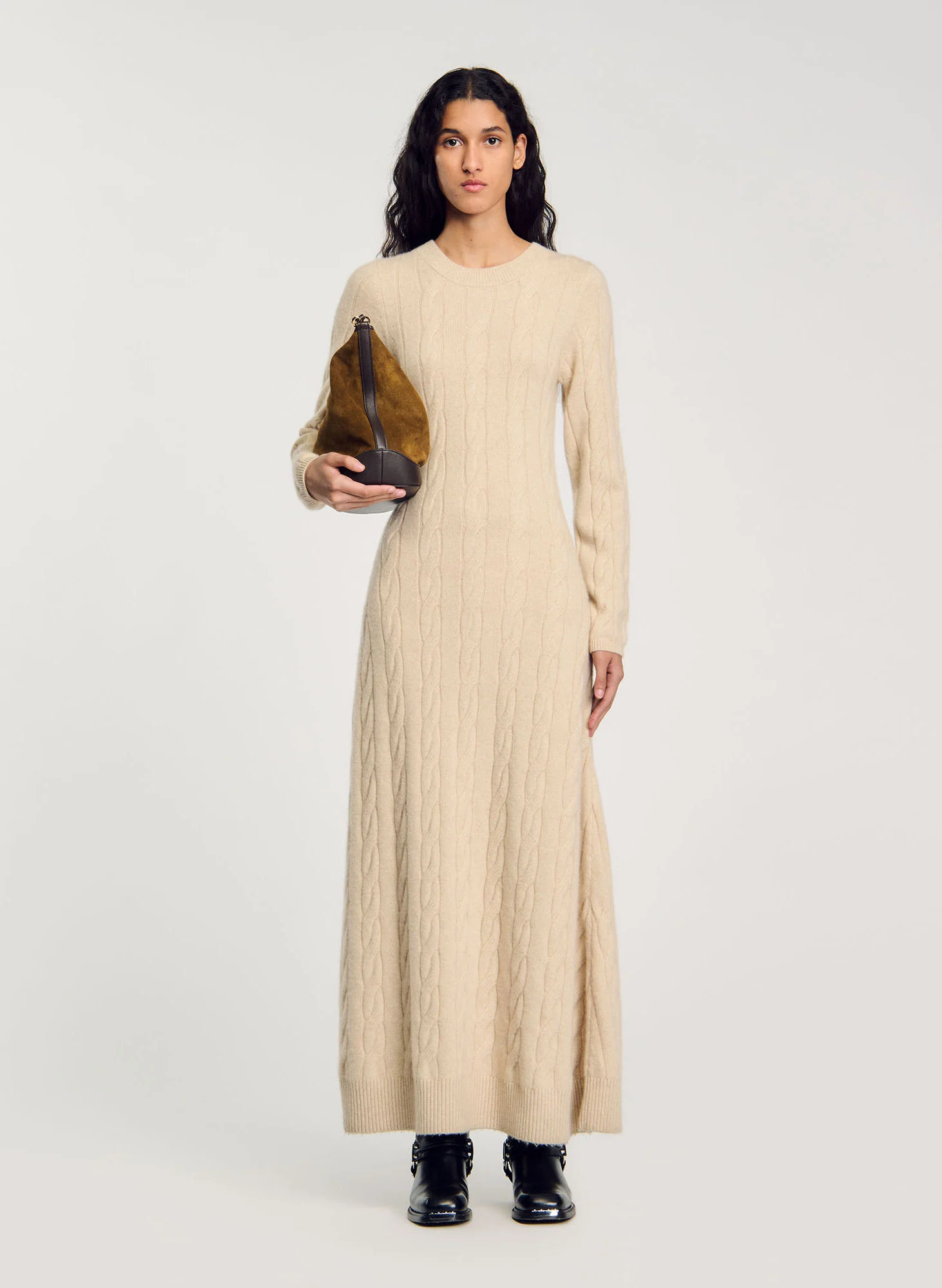 Robe longue col rond en laine mélangée | Beige