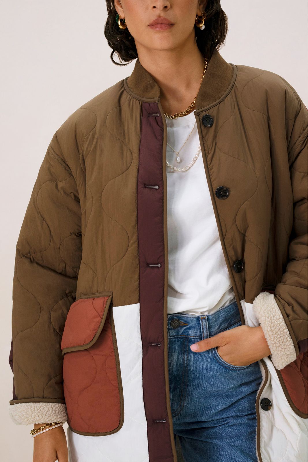 Lange colourblock quilted jas