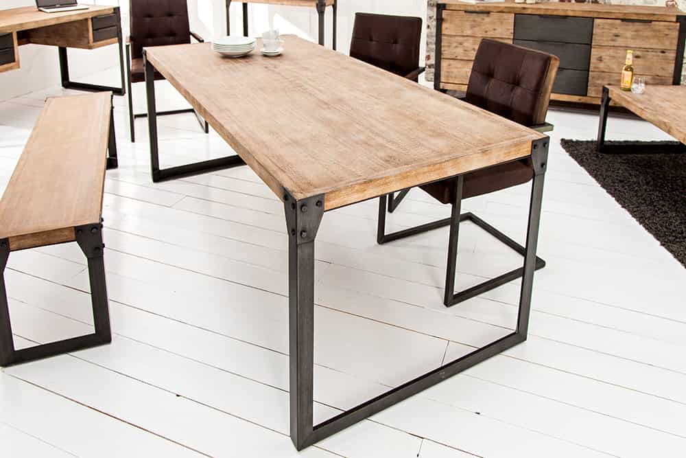 Industrial Design Esstisch FACTORY 200cm Akazie teak-grau weiß gekälkt Metallbeine Kufe