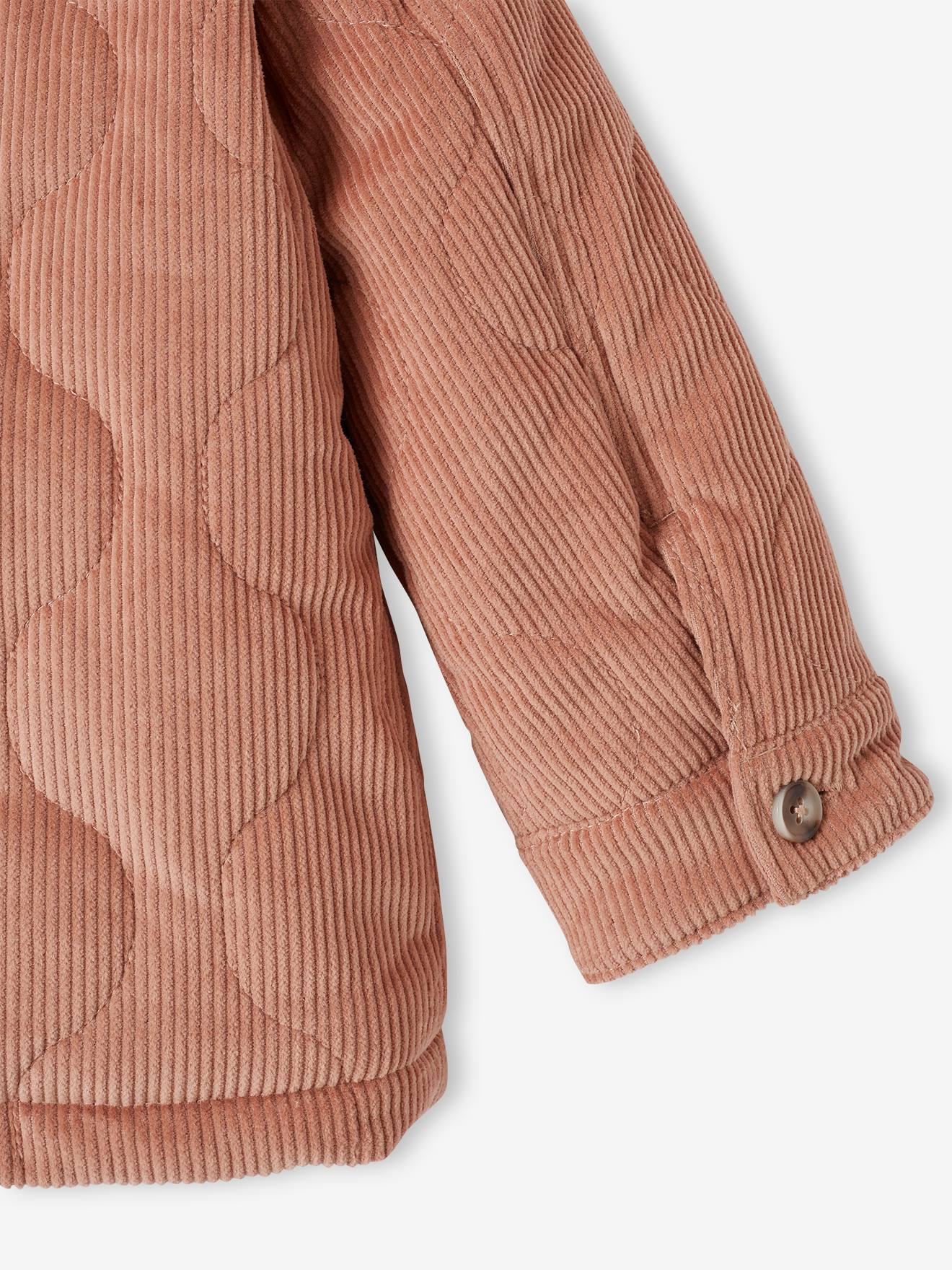 Jaqueta rosa de veludo cotelê acolchoada com forro de sherpa para meninas