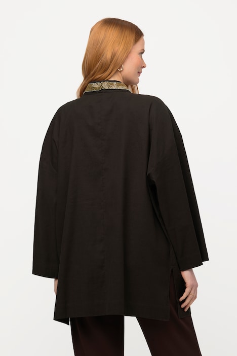 Kimono-Jacke, Schalkragen, Leinenmix, Perlenborte