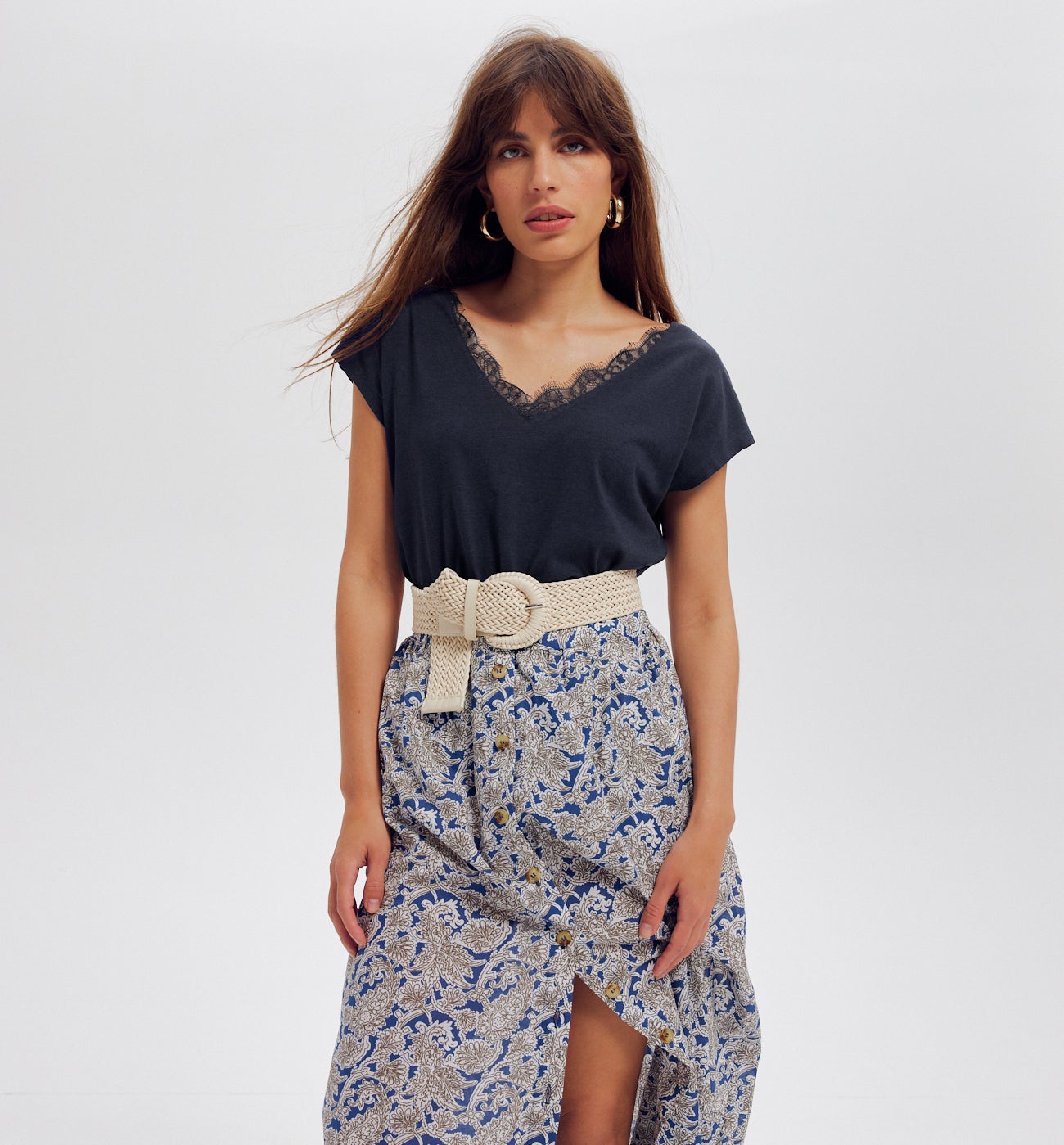 T-shirt détail dentelle Femme - Marine