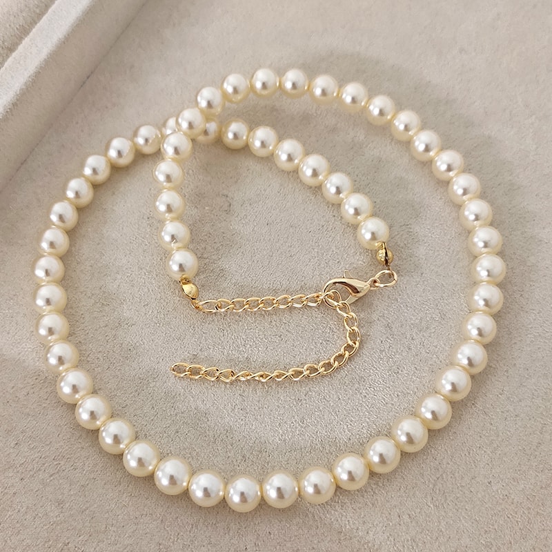 Collier - Laiton plaqué or & perles - Blanc
