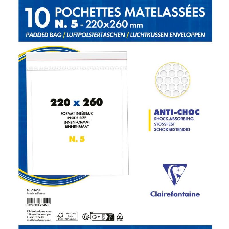 Paquet de 10 Pochettes Blanches Matelassées de Film à Bulles 220x260 mm - Auto-adhésives - Blanc