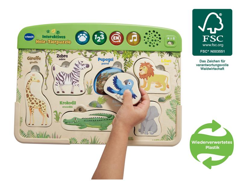 Vtech Steckspiel Interaktives Holz-Tierpuzzle Umweltfreundliches Steckpuzzle mit Musik und lustigen Geräuschen