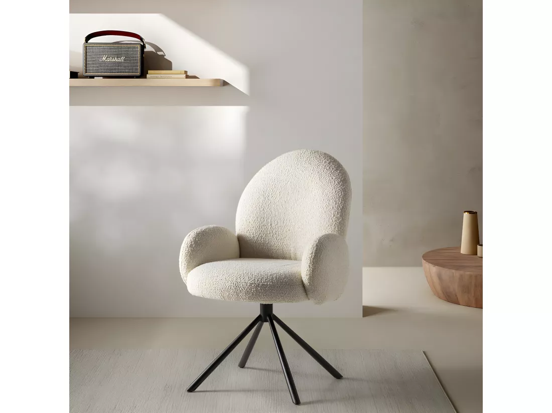Douro - Chaise de bureau en tissu bouclette et métal - Écru
