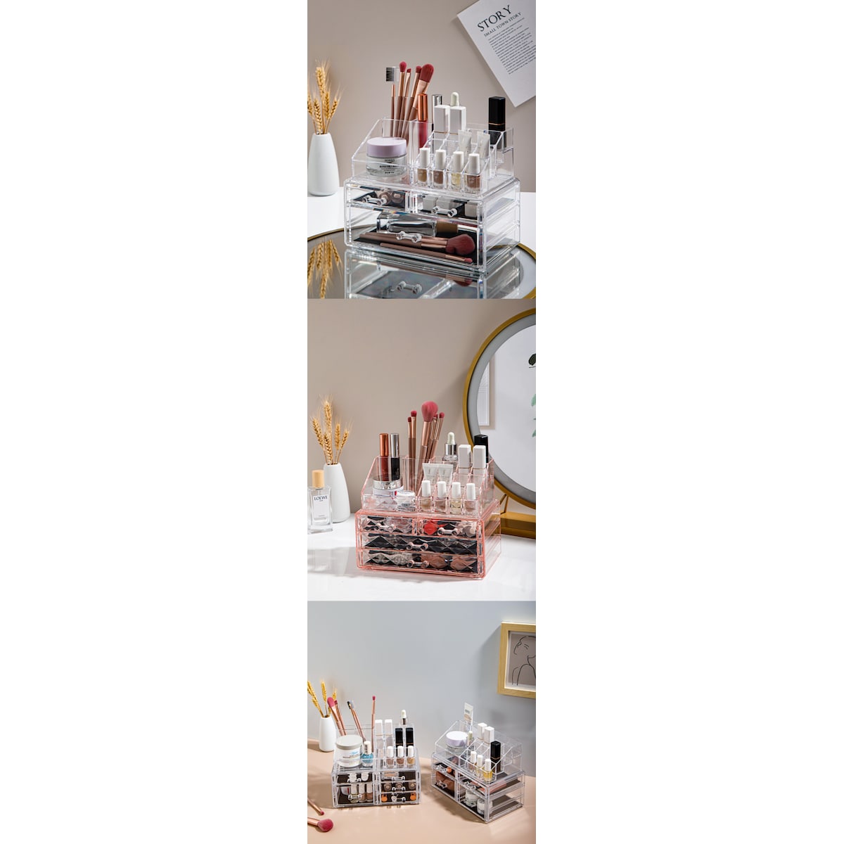 Clear Makeup smykkeskrin, akryl kosmetisk smykkeskrin, 4 skuffer