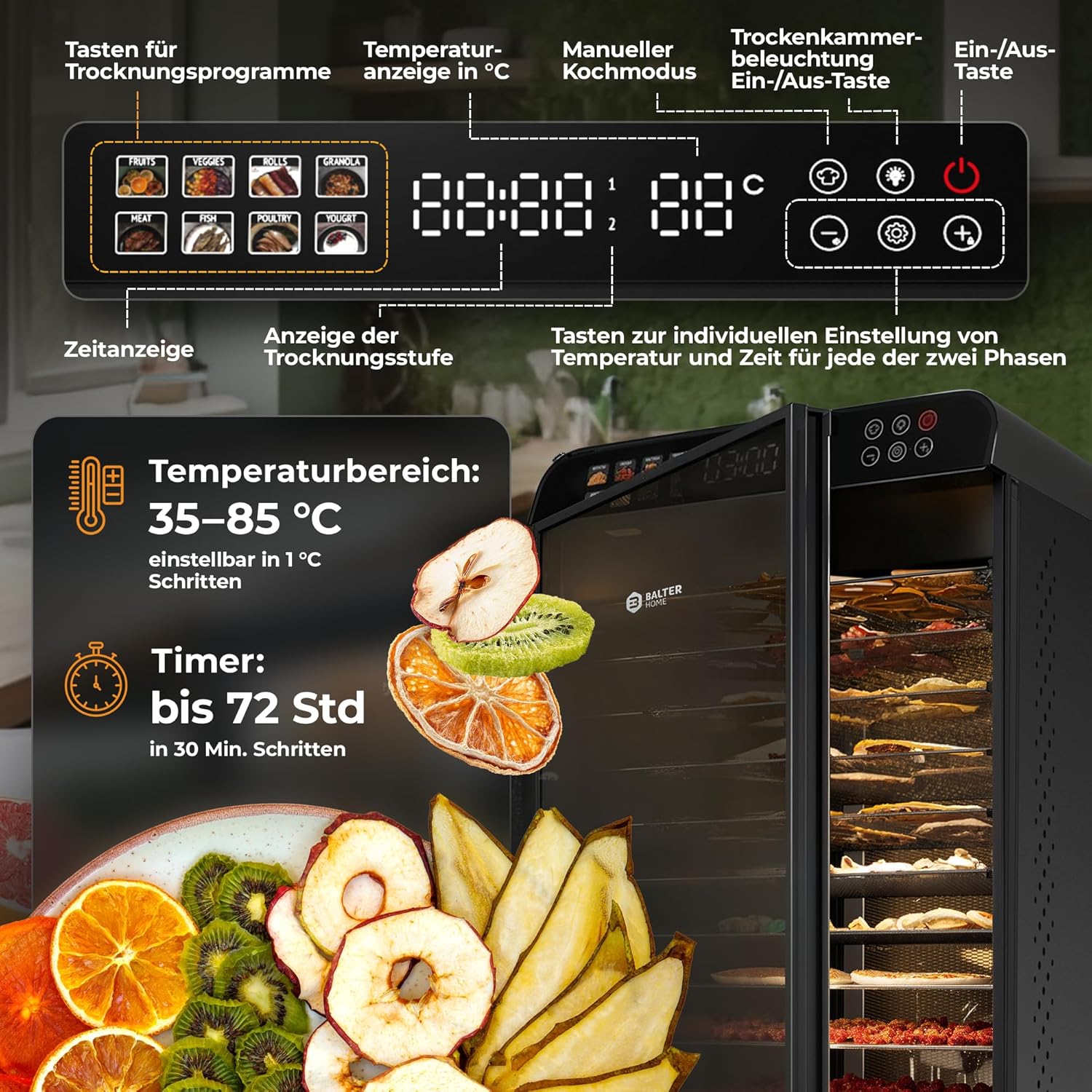 Balter Dörrautomat Edelstahl mit 2 Phasen Trocknung & 12 Etagen, 1100 W, 70L Volumen, 12000 cm² Dörrfläche, BPA-frei, 35–75 °C, Timer bis 72 Std, Dörrgerät, Dehydrator, Obsttrockner