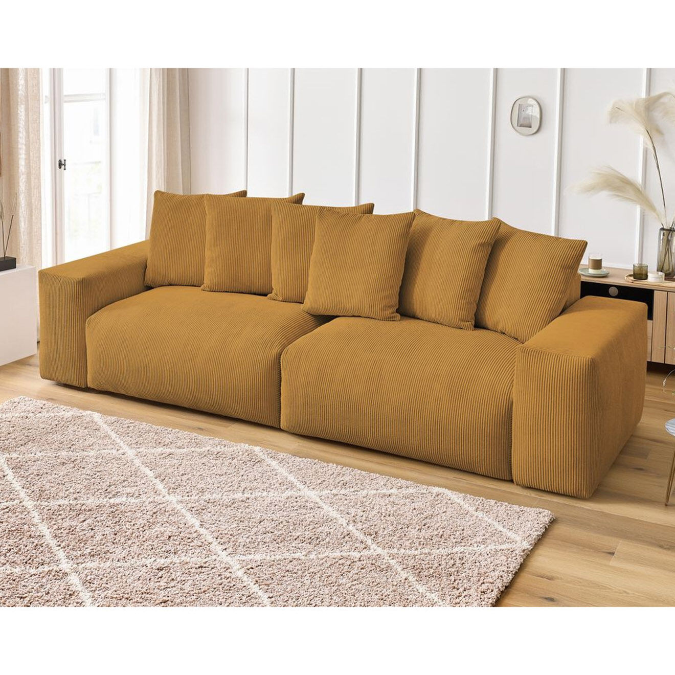 Bobochic Canapé 4 places moelleux voltaire velours côtelé jaune - 320x124x75 cm