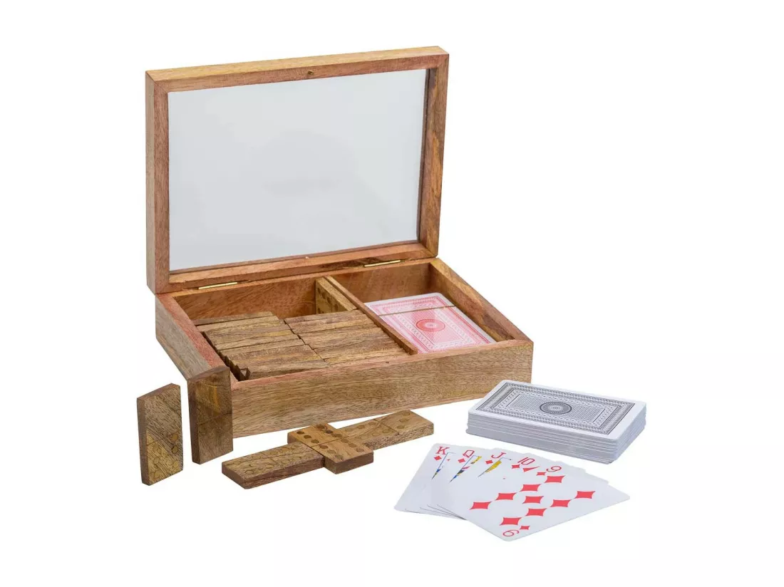 eu 2 en 1 (domino+cartes) dans une boîte en bois marron 17x12x4h