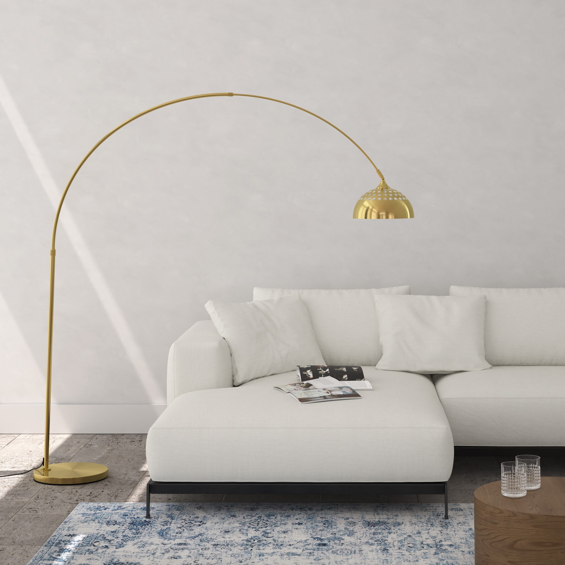 tectake® Bogenleuchte, 70er Jahre Retro-Stil, Teleskopbogen mit schwenkbarem Lampenschirm, Fußschalter, höhenverstellbar 187 - 206 cm
