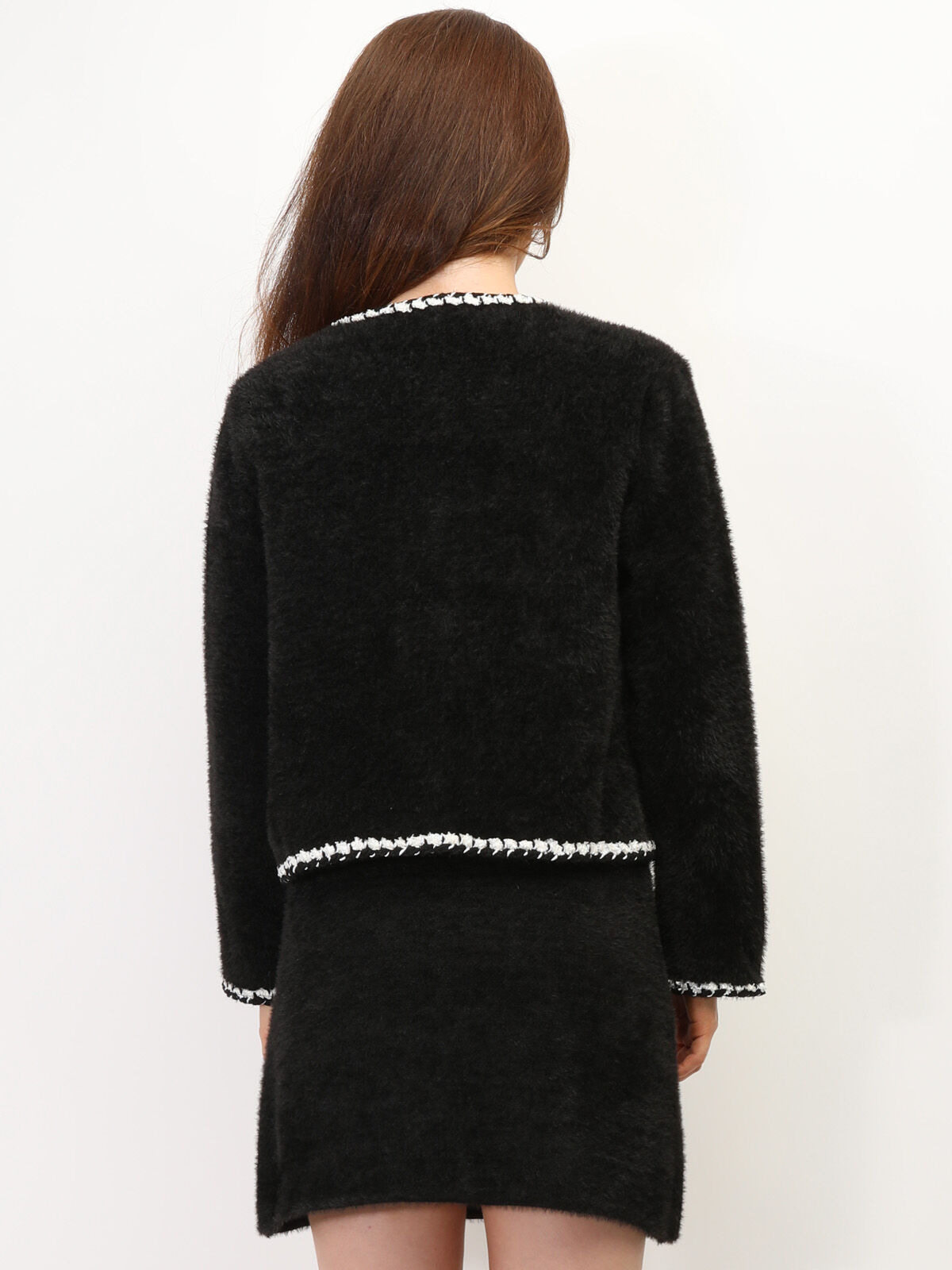 Veste courte duveteuse style tweed- Noir