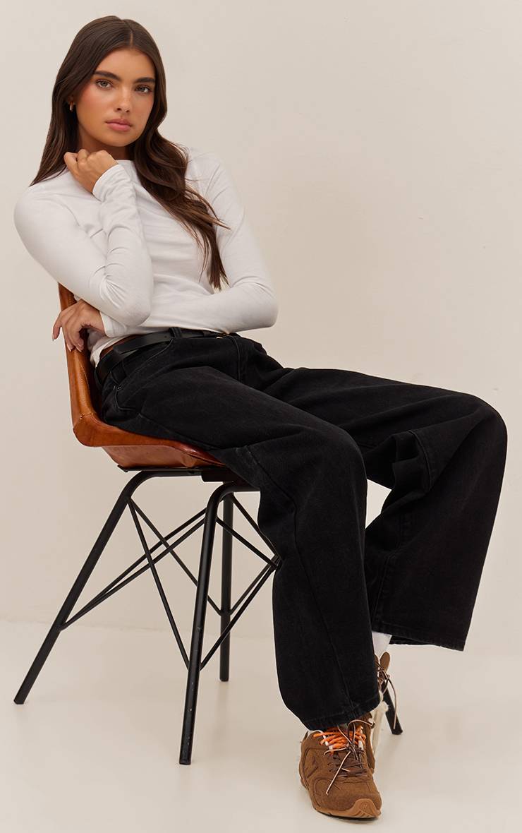 Blanc Haut À Manches Longues En Coton Avec Col Rond