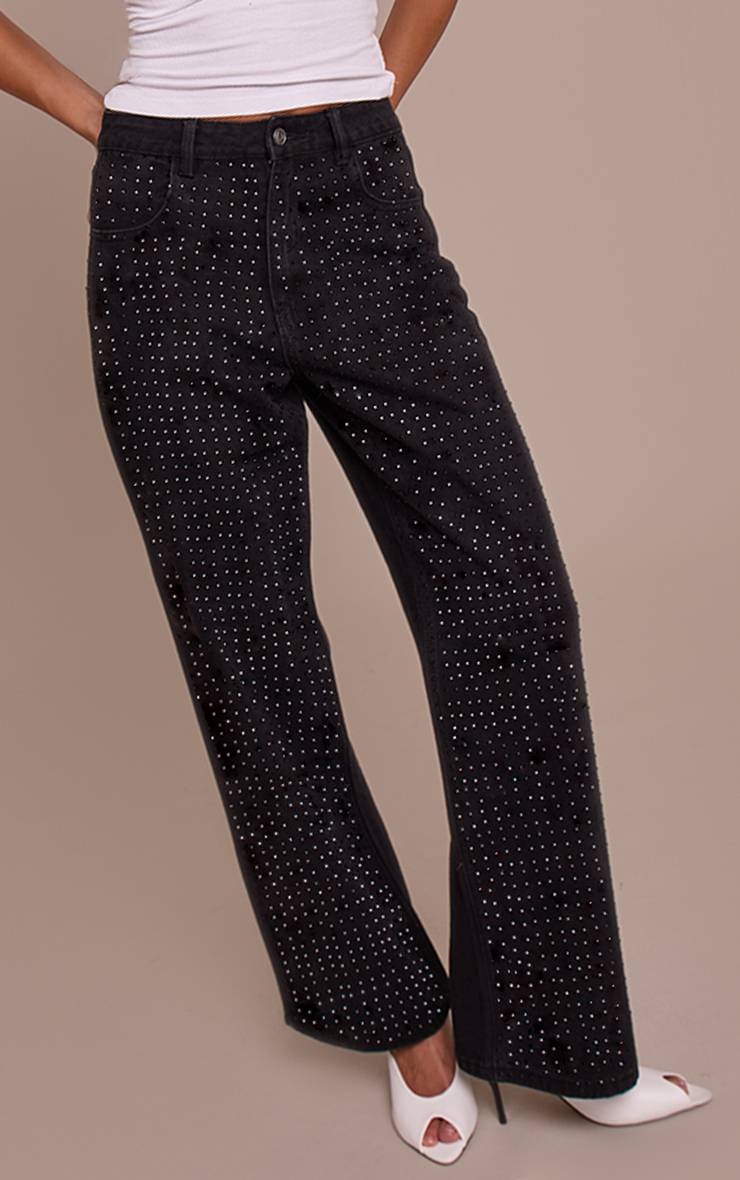 Noir Jean Droit Taille Haute En Denim Avec Strass Thermocollants