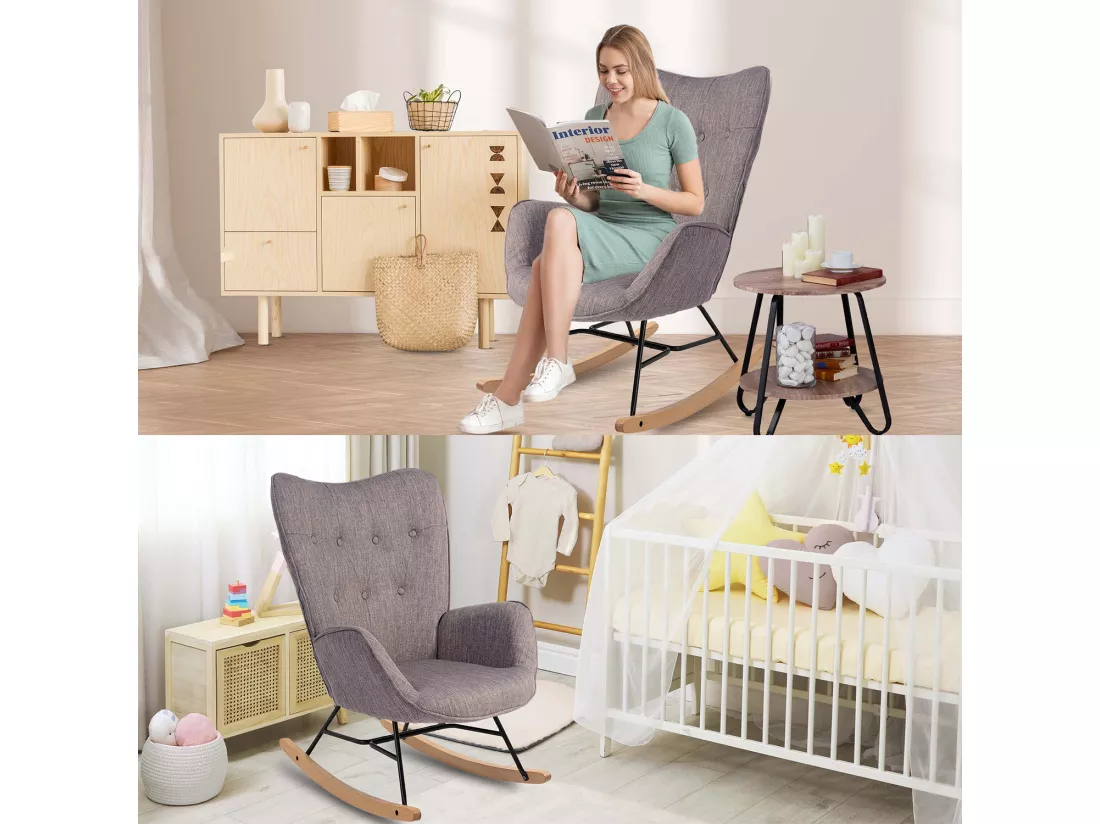 MEUBLES COSY Fauteuil à Bascule Allaitement Rocking Chair Scandinave Chaise Loisir Revêtement en Tissu avec Pieds en Bois Massif pour Salon, Chambre, Le balcon, Gris Foncé
