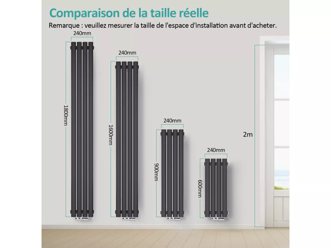 EMKE Radiateur eau chaude verticale en acier H.60 × L.24 cm 248 W Classique Chauffage central simple couche noir