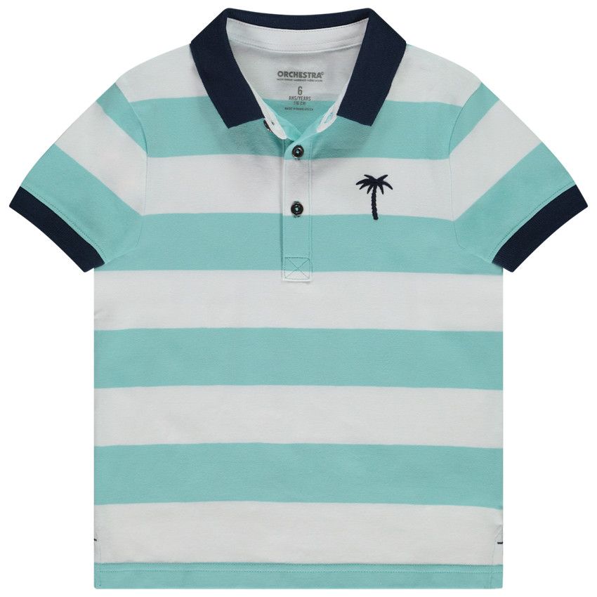 Polo manches courtes rayé broderie palmier pour garçon - Bleu moyen