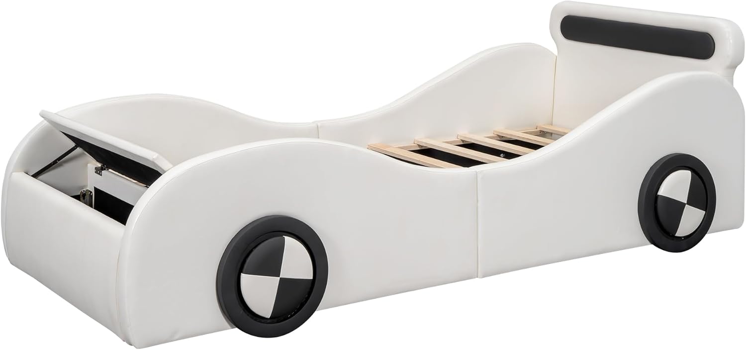 Kinderbett Autobett 90x200, Polsterbett Einzelbett Jugendbett mit leuchtenden Rädern&Stauraum, Aufregendes Auto Kinderbett für kleine Rennfahrer, Kinder Spielbett mit Lattenrost, PU,Ohne Matratze,Weiß