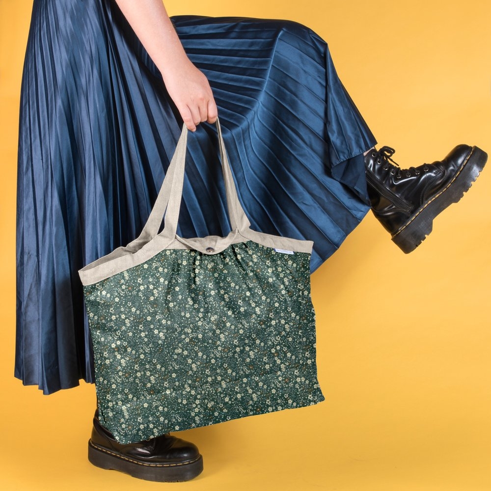 Sac Cabas Taille Moyenne Plissé Fleuri Kaki