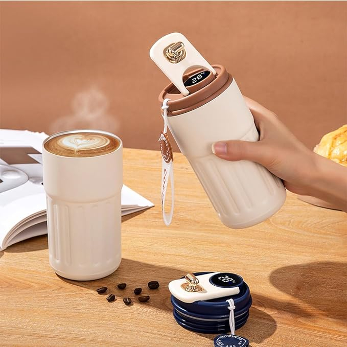 (460ml) Edelstahl Thermo Kaffee Becher Thermoskanne Rutschfester Vakuum Behälter mit Digitaler Temperaturanzeige   Handschlaufe - Beige / Weiss