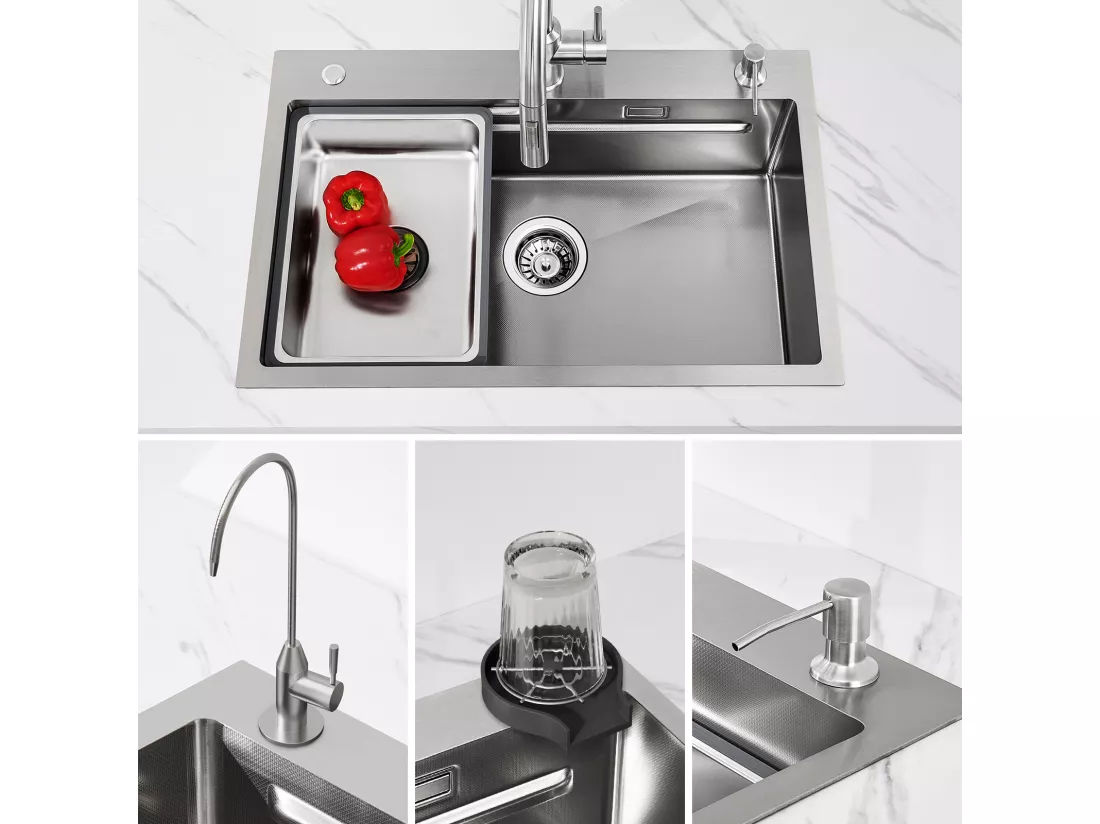 CECIPA MAX Évier 1 Bac 70×45×21.5CM Évier Cuisine Inox Argent avec Egouttoir + Vasque + Distributeur de Savon Gratuit