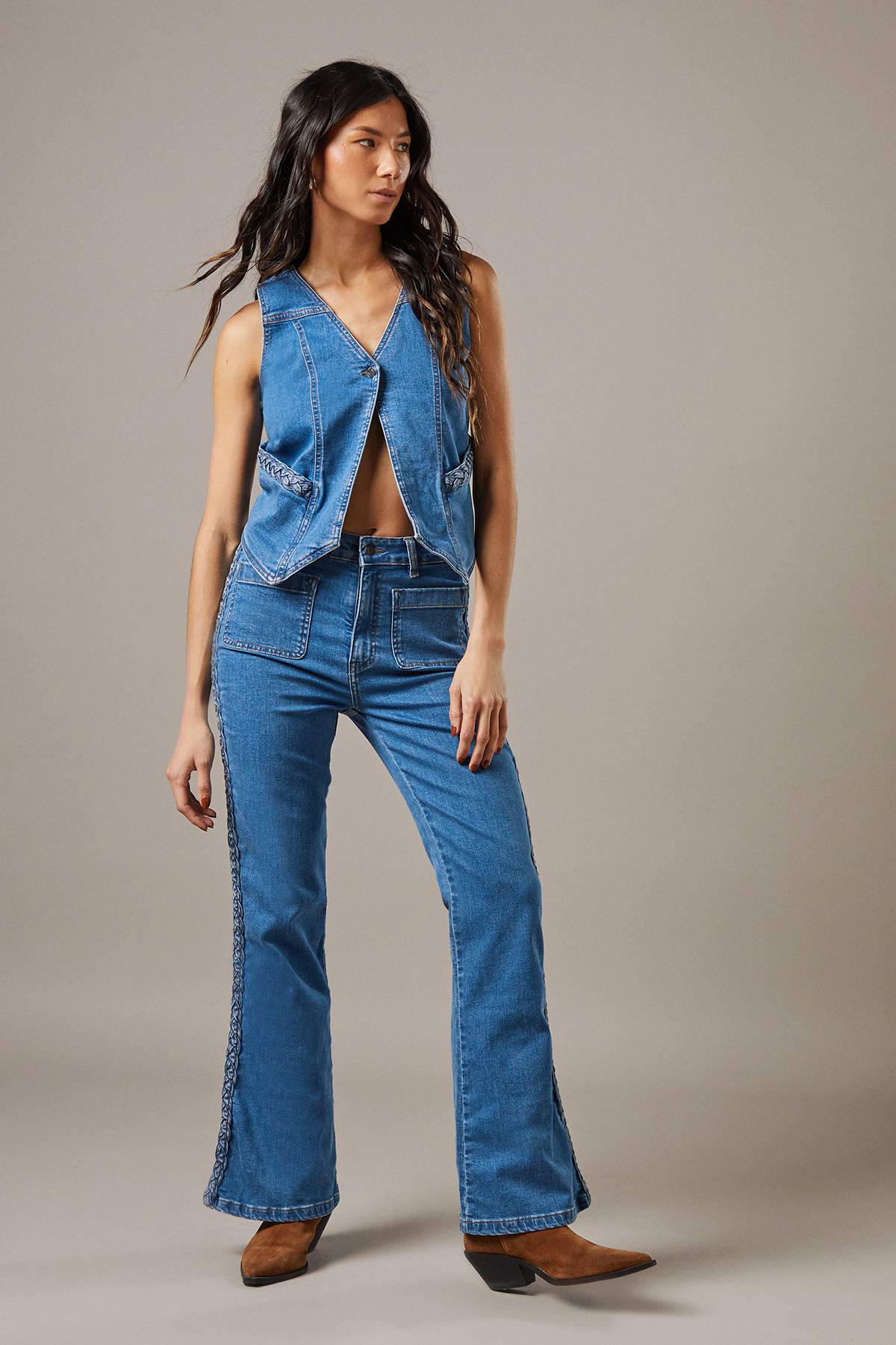 Warehouse Jean Taille Haute Bootcut en Denim avec Poches Plaquées