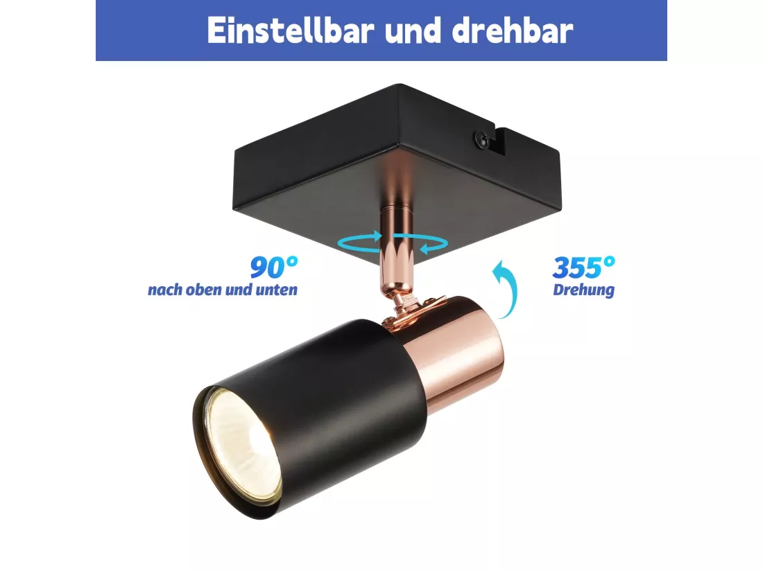 NETTLIFE Spot de plafond Spots de plafond 1 ampoule GU10 noire orientable à 355°