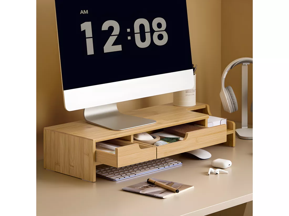 SoBuy Réhausseur d'écran Support de moniteur écran ergonomique Support pour écran d'ordinateur universal, ordinateur portable ou écran TV, 2 tiroirs, 60x22x12cm, BBF12-N