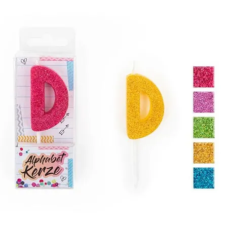Trendhaus FESTIVAL FEELINGS Alphabet Kerze Glitzer D, 1 Stück, 5-fach sortiert