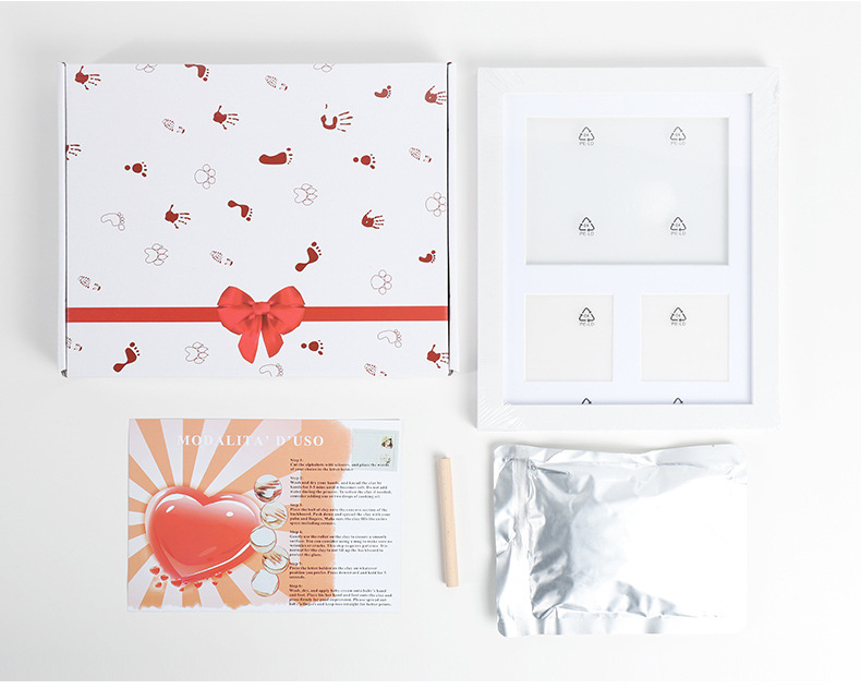 (3-tlg. Set) 3D Haustier Pfoten Abdruck Kit DIY Baby Fussabdruck Gipsabdruck Form inkl. Bilderrahmen - Weiss