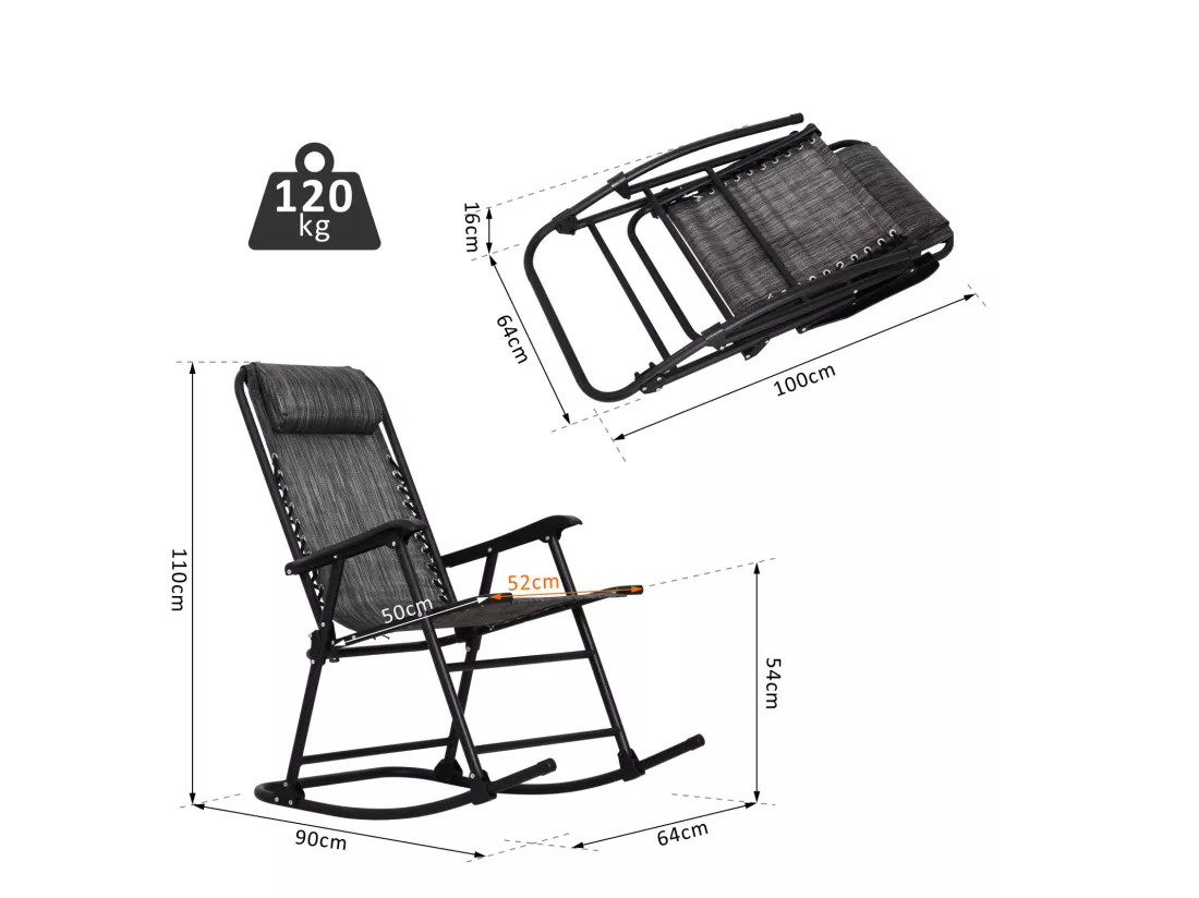 Fauteuil à bascule rocking chair pliable de jardin dim. 94L x 64l x 110H cm acier époxy textilène gris chiné