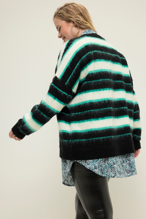 Strickjacke, oversized, Streifen, V-Ausschnitt