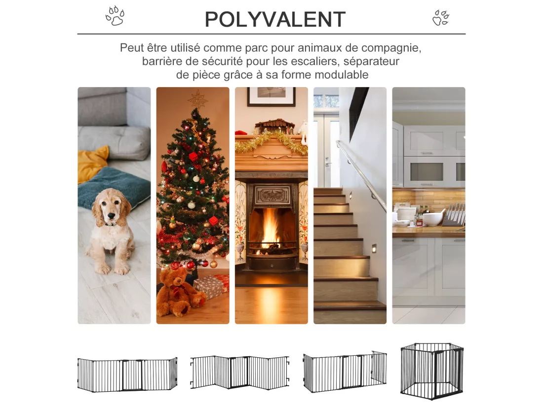 Barrière de sécurité parc enclos chien modulable pliable porte verrouillable intégrée 5 panneaux en métal 300L max. x 74,5H cm métal PP noir
