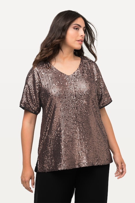 Pailletten-Shirt, Oversized, V-Ausschnitt, Halbarm